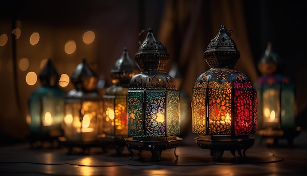 Lanterne arabe ornamentali con candele accese che brillano di notte mese santo musulmano ramadan kareem