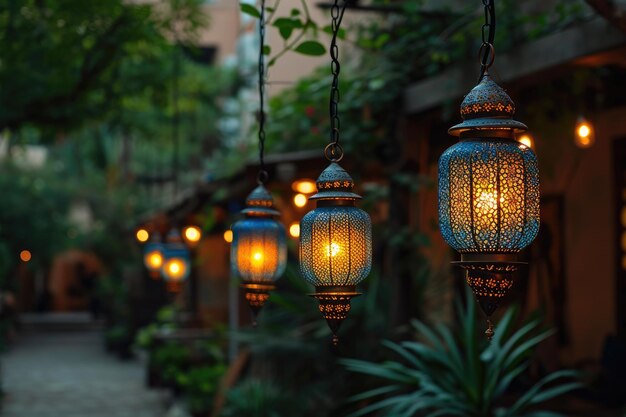Lanterne arabe sospese nella notte oscura densa di atmosfera musulmana, fotografia professionale