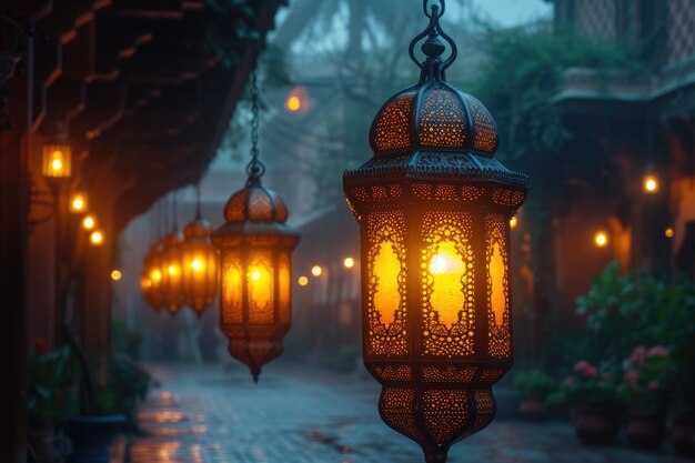 Lanterne arabe sospese nella notte oscura densa di atmosfera musulmana fotografia professionale