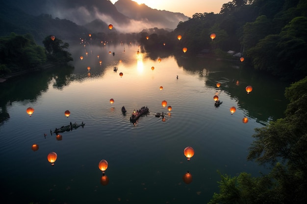 Lanterne che galleggiano sull'acqua al tramonto