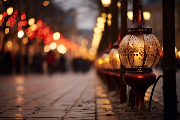 Lanterne che illuminano una strada festiva Concepimento dell'atmosfera della stagione natalizia