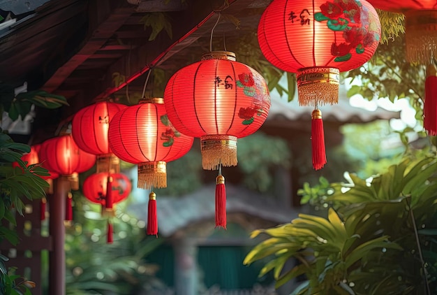 Lanterne cinesi rosse appese all'aperto come una ghirlanda