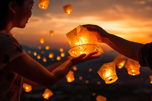 Lanterne del cielo di Khom Loy e Khom Fai in Thailandia