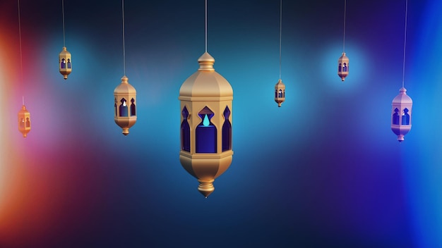 Lanterne del Ramadan appese su sfondo blu Biglietto d'auguri festivo rendering 3D