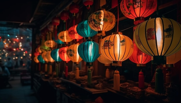 Lanterne di carta cinesi illuminano la celebrazione notturna nel festival tradizionale generato dall'AI