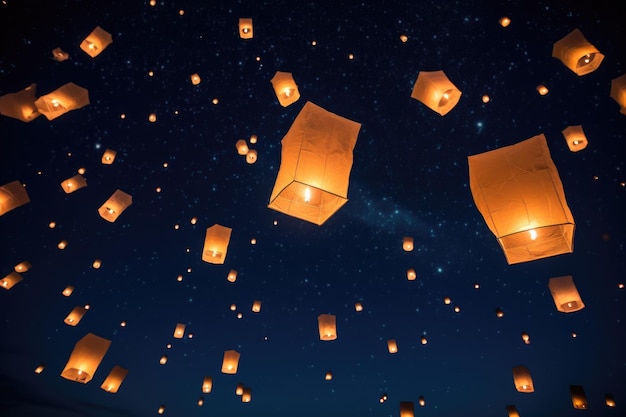 Lanterne di carta fluttuanti nel cielo notturno