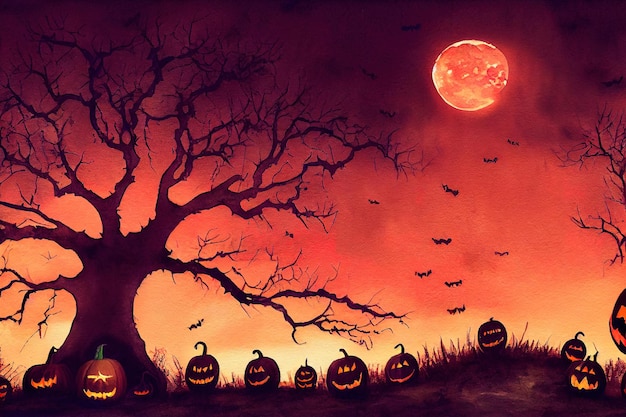 Lanterne di Halloween zucca faccia spaventosa con luce arancione su terra scura e blu notte illuminata dalla luna 3D rendering illustrazione raster