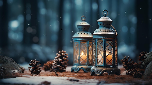 lanterne di Natale su uno sfondo innevato