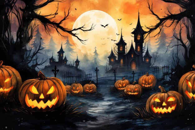 Lanterne di zucca spaventose in una città infestata nella spettrale notte di Halloween Scena di fantasia AI generativa nella foresta oscura e inquietante Helloween teme l'orrore e il concetto autunnale