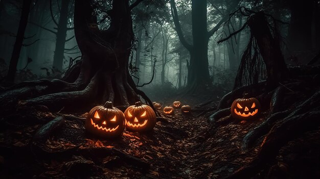 Lanterne e ghirlande della festa di Halloween su un tavolo in una foresta nebbiosascheletri e zuccheGenerative AI