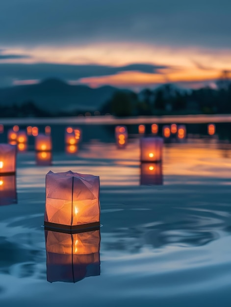 Lanterne galleggianti sul lago tranquillo al crepuscolo ampio magico