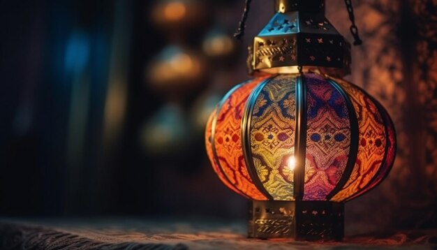 Lanterne incandescenti illuminano le celebrazioni notturne invernali al chiuso generate dall'intelligenza artificiale