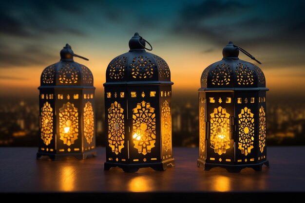 Lanterne luminose del Ramadan al crepuscolo