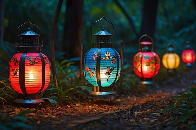Lanterne stravaganti che illuminano un sentiero segreto