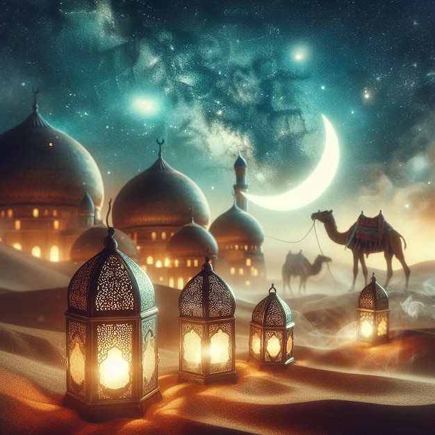 lanterne sul deserto con una mezzaluna e una galassia sullo sfondo Ramadan Kareem e Eid al