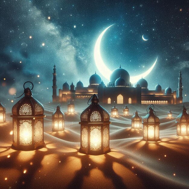 lanterne sul deserto con una mezzaluna e una galassia sullo sfondo Ramadan Kareem e Eid al
