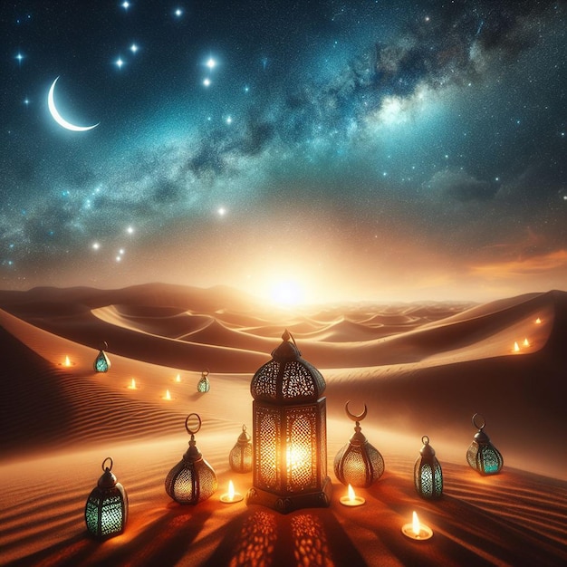 lanterne sul deserto con una mezzaluna e una galassia sullo sfondo Ramadan Kareem e Eid alFitr AI generato