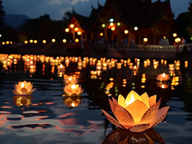 Lanterne Vesak che galleggiano sull'acqua L'illuminazione della nascita e del passaggio di Buddha osservati