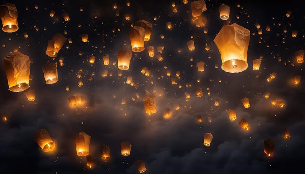 Lanterne volanti nel cielo durante il festival Diwali in India