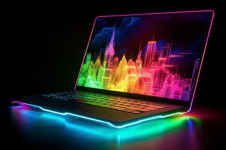 Laptop al neon creato con la tecnologia generativa AI