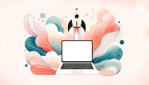 Laptop artistico con design di razzo e elementi astratti colorati AI generativa