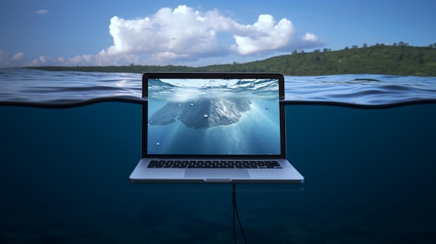 Laptop che affonda nell'immagine galleggiante del disastro acquatico Ai generato arte