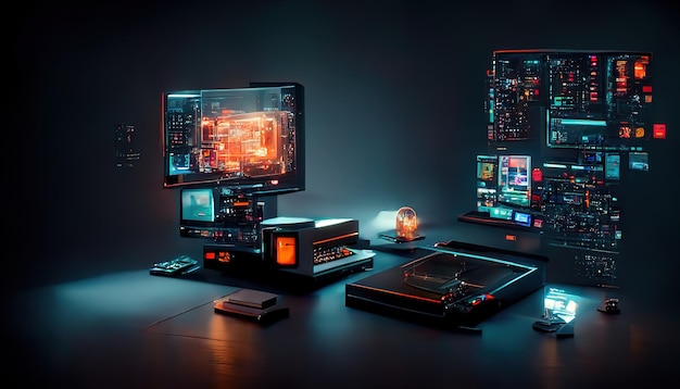 Laptop computer with lighting on a dark background 3D illustrative image