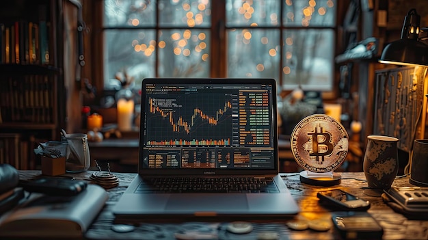 Laptop con bitcoin sul tavolo concetto di trading di criptovalute