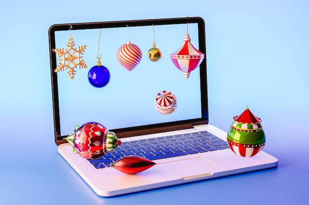 Laptop con decorazione natalizia e schermo vuoto d render