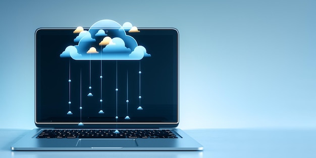 Laptop con grafica cloud che simboleggia la tecnologia cloud su sfondo blu che rappresenta il concetto tecnologico creativo 3D Rendering