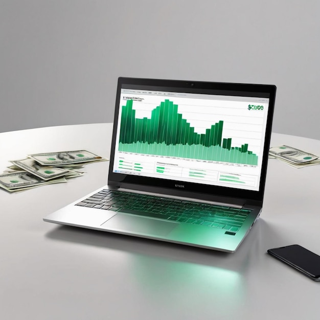 Laptop con grafico del mercato azionario sullo schermo rendering 3D laptop e denaro