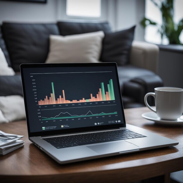 laptop con grafico sullo schermo in ufficio business finance and investment concept 3D rende