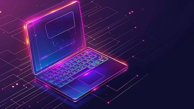 Laptop con luci al neon luminose su uno sfondo scuro