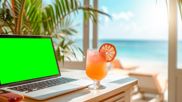 Laptop con schermo verde su un tavolo vicino alla spiaggia con palme da cocktail tropicali e vista sull'oceano che raffigura un ambiente di lavoro rilassato