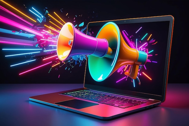 Laptop con sfondo di megafono con luci al neon colorate vendite e marketing