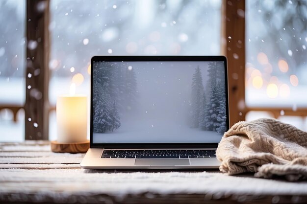 Laptop con uno schermo di paesaggio invernale all'interno sul tavolo con una coperta accogliente accanto alla finestra