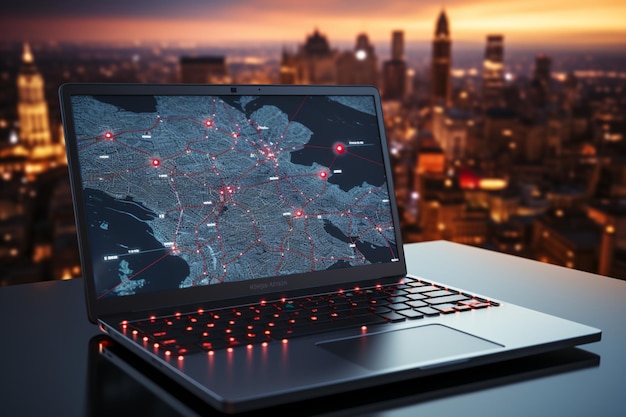 Laptop da viaggio connesso con concetto GPS con puntatore della mappa sullo schermo