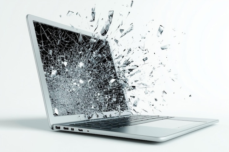 Photo laptop dengan layar pecah dengan latar belakang putih