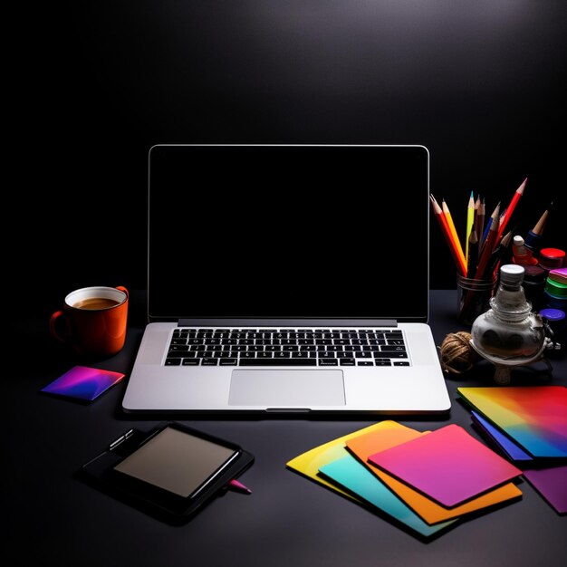 laptop e blocco note su sfondo nero