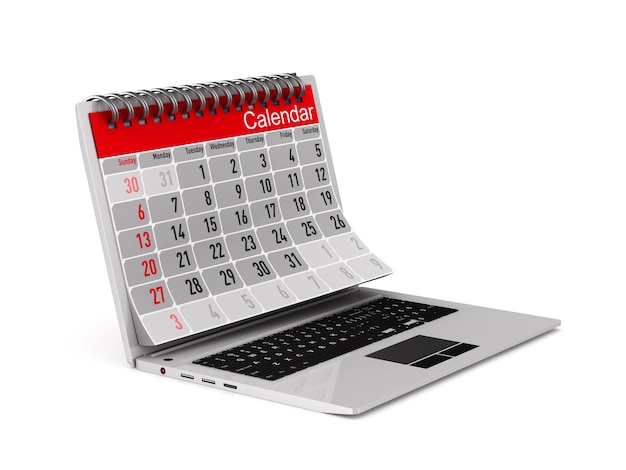 Laptop e calendario su sfondo bianco. Illustrazione 3D isolata