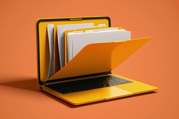Laptop e cartella di file sfondo arancione AI