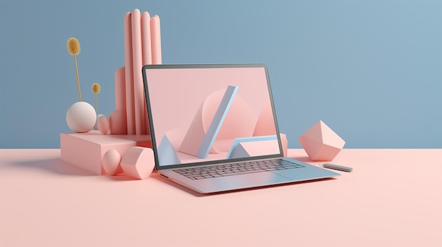 Laptop e diversi oggetti geometrici mockup sfondo 3D