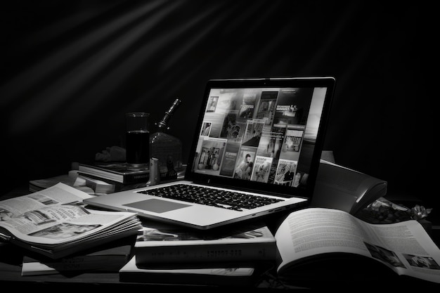 laptop e libri sul tavolo foto in bianco e nero laptop e giornali su sfondo bianco e nero laptop e giornali su sfondo bianco e nero natura morta aziendale generato dall'intelligenza artificiale