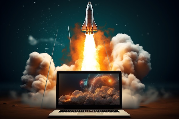 Laptop e Space Rocket Shuttle Illustrazione digitale Ai generativa