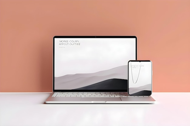 Laptop e telefono cellulare su tavolo bianco rendering 3d