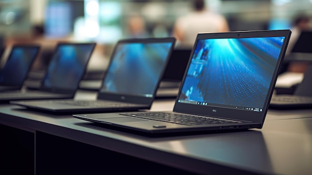 Laptop in fila su una scrivania in una sala conferenze con intelligenza artificiale generativa