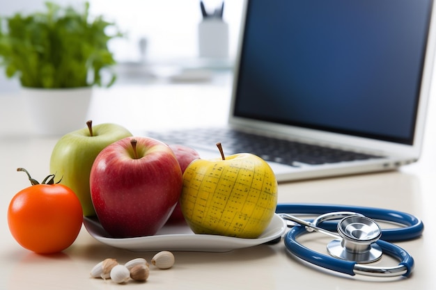 Laptop in un ufficio di un nutrizionista con cibo sano