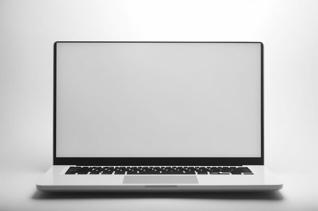 Laptop moderno con schermo bianco vuoto su un tavolo di legno