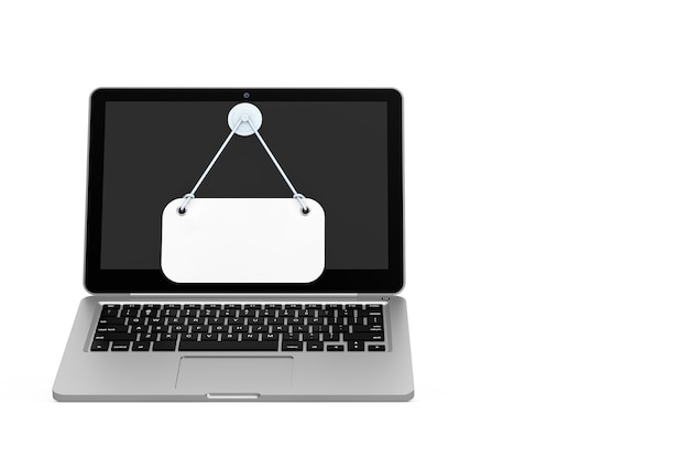 Laptop moderno e bianco bianco appeso banner segno con spazio libero per il tuo design su uno sfondo bianco. Rendering 3D