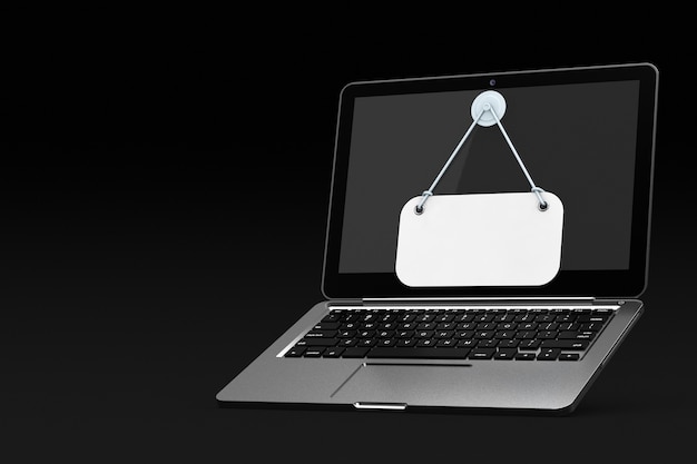 Laptop moderno e bianco vuoto appeso Banner segno con spazio libero per il tuo design su uno sfondo nero. Rendering 3D